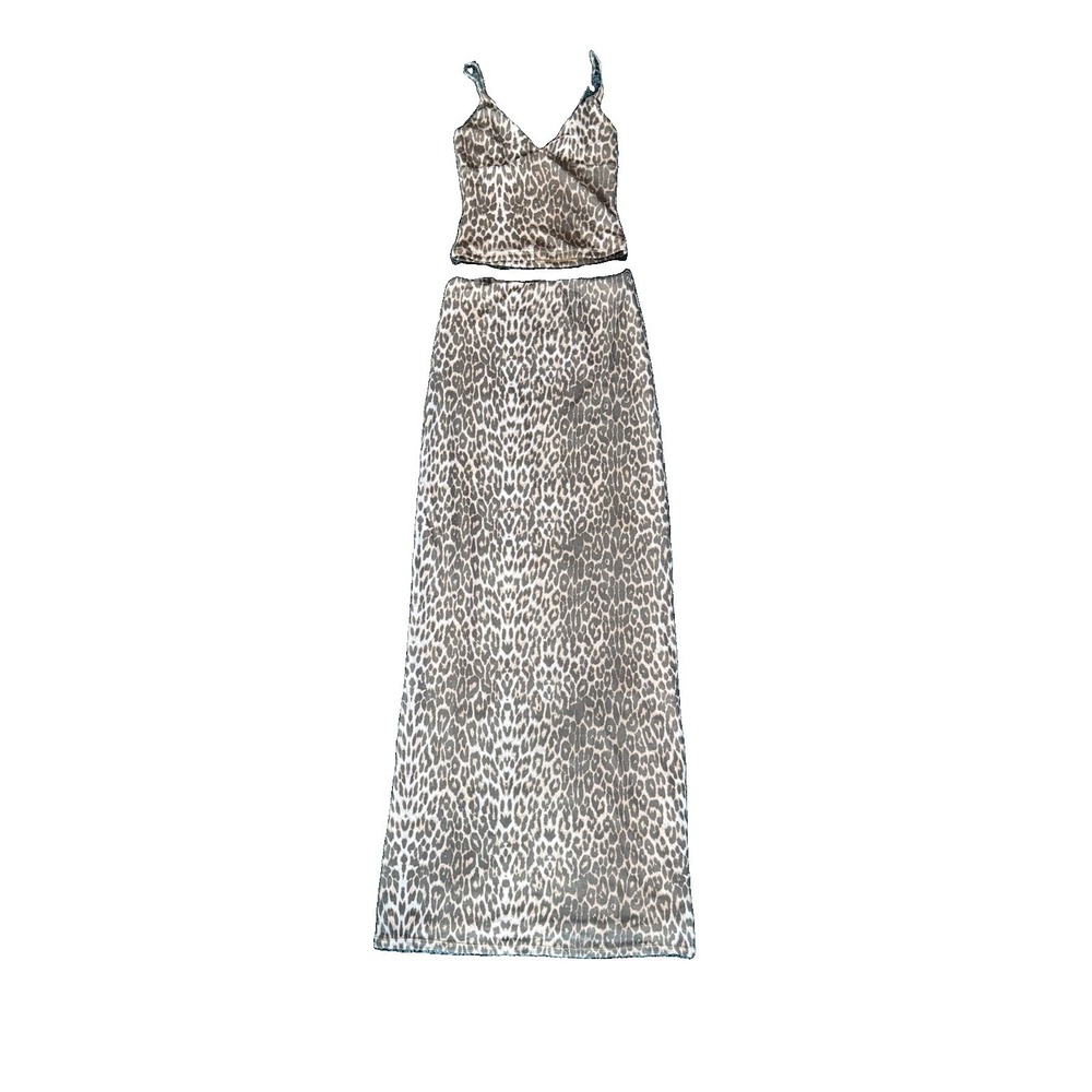White Fox Leopard Print Mesh Maxi Skirt & Crop Tank Top Matching Set XXS
